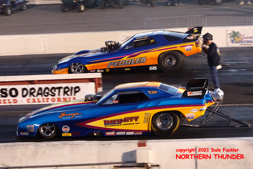 Dan Horan Jr. - AA/FC - #736 - 'Infinity Plumbing' 
(near lane) vs Cory Lee - AA/FC - #13 - 'The Pedaler' (far lane)